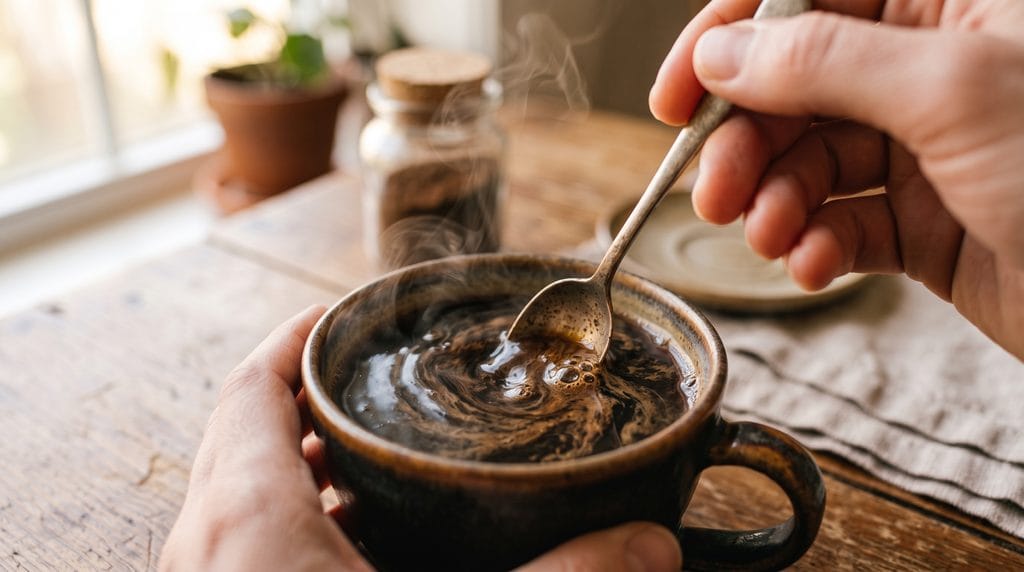 Close-up macro shot of medicinal mushroom powder being spooned and dissolved into black coffee.