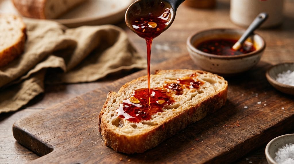 Close-up shot of vibrant red chili-infused oil being drizzled over food catching warm light.