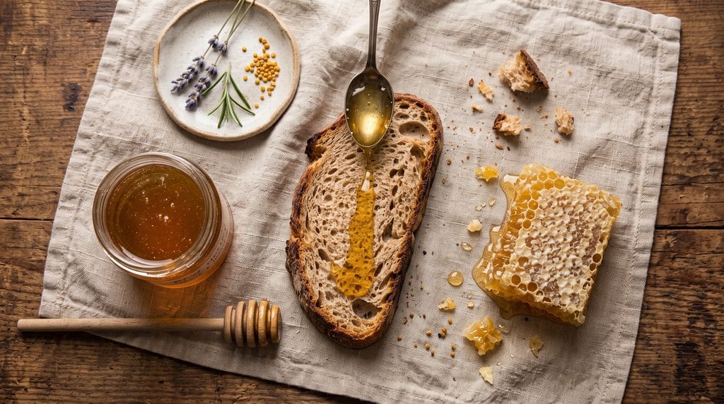 Overhead flat lay of golden honey being drizzled over rustic bread next to honeycomb on linen.