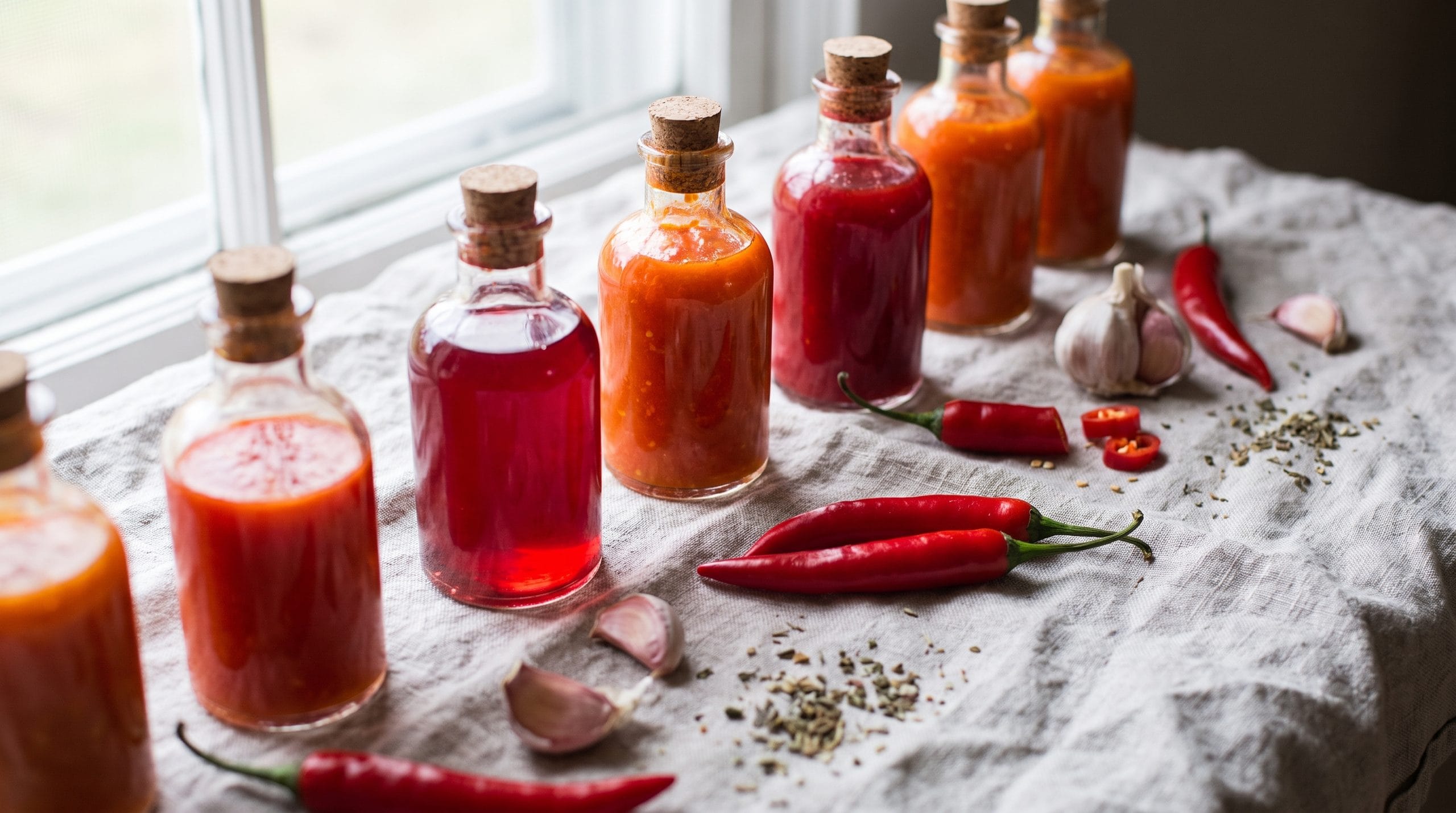 Row of glass apothecary bottles filled with vibrant red fermented hot sauce and fresh chilies on linen