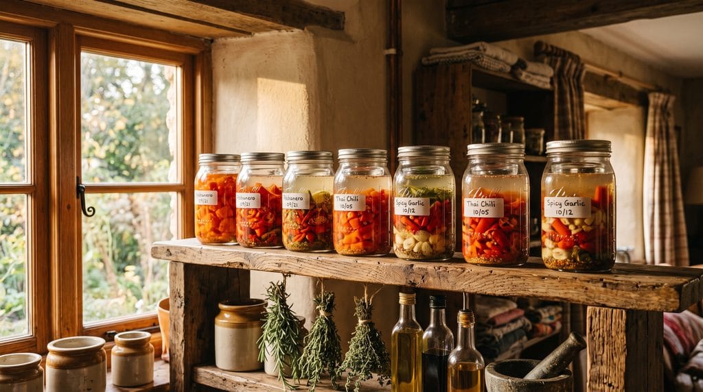 Fermented Hot Sauce: Easy 5-Step DIY Beginner Guide 4 Row of fermenting chili jars with weights on an open rustic wooden kitchen shelf in afternoon light.