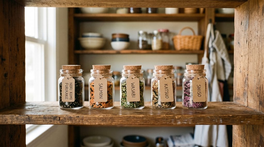 Five small glass jars containing different furikake seasoning variations on an open pantry shelf.
