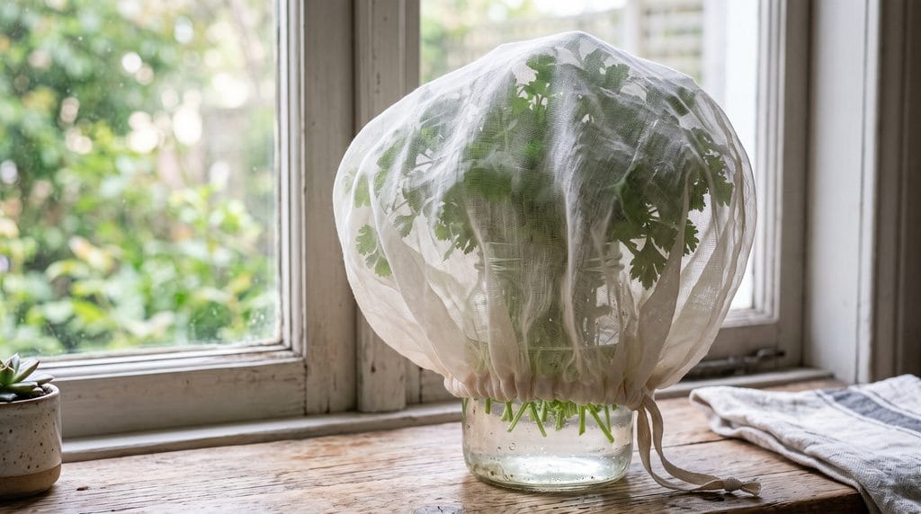 Fresh herb bunch standing upright in a glass jar of water like a bouquet on a kitchen counter.