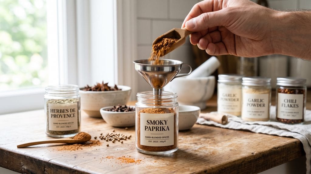 Funneling freshly ground homemade spice blends into small labeled glass jars on a kitchen counter.
