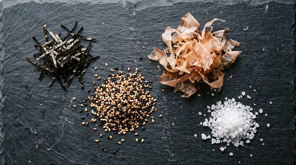 Separate ingredients for furikake seasoning including nori, bonito flakes, and sesame seeds on dark stone.