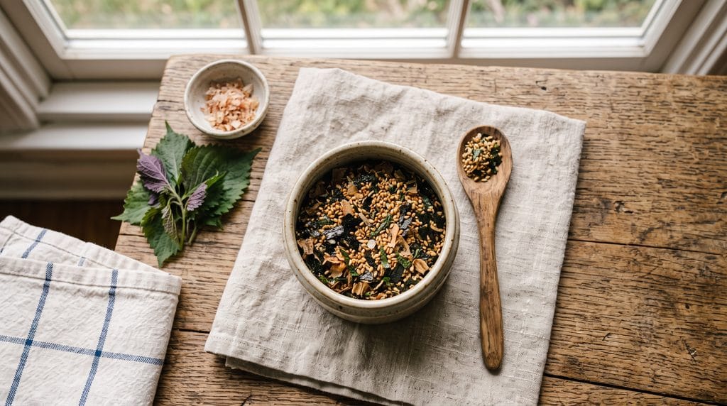 Furikake seasoning in an open ceramic jar with sesame seeds and nori flakes on a wooden counter
