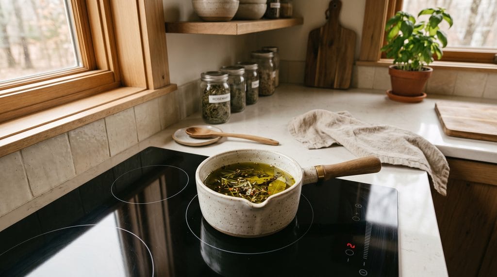 Small saucepan gently warming olive oil with herbs on a stovetop under soft natural light.