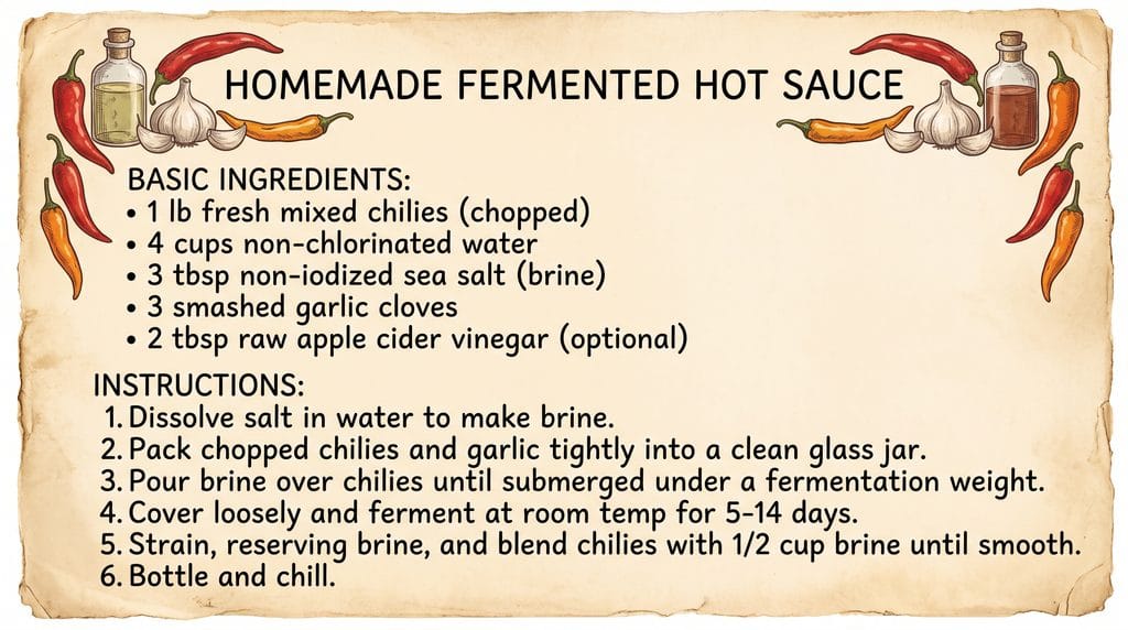 Fermented Hot Sauce: Easy 5-Step DIY Beginner Guide 6 Fermented hot sauce recipe card in vintage grandmacore style with chili and brine instructions