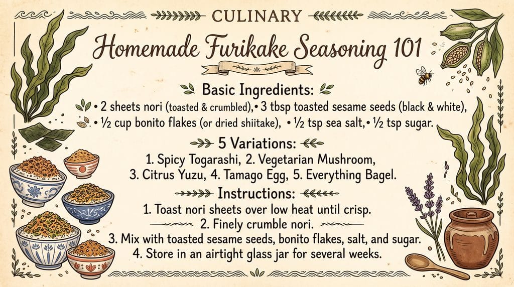 Furikake seasoning recipe card in vintage grandmacore style showing 5 flavor variations