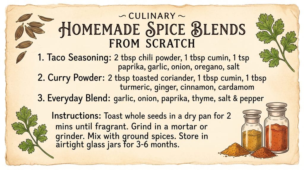 Homemade spice blends recipe card in vintage grandmacore style showing taco, curry, and everyday seasoning recipes
