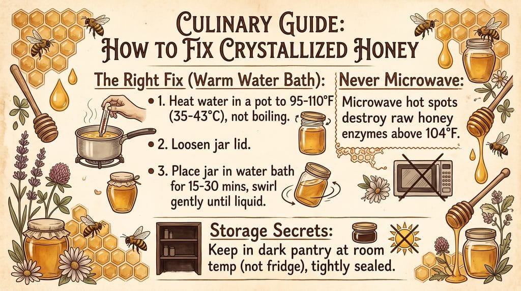 How to fix crystallized honey guide card in vintage grandmacore style showing water bath instructions