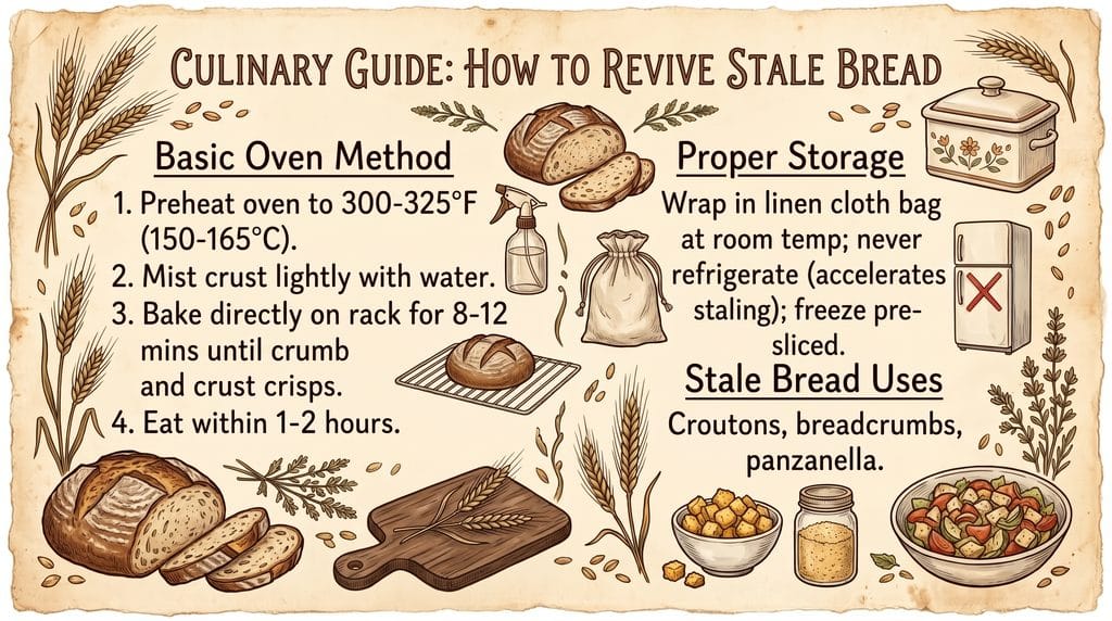 Stale Bread: Easy 5-Minute Oven Revive Guide 5 How to revive stale bread guide card in vintage grandmacore style showing oven method and storage rules