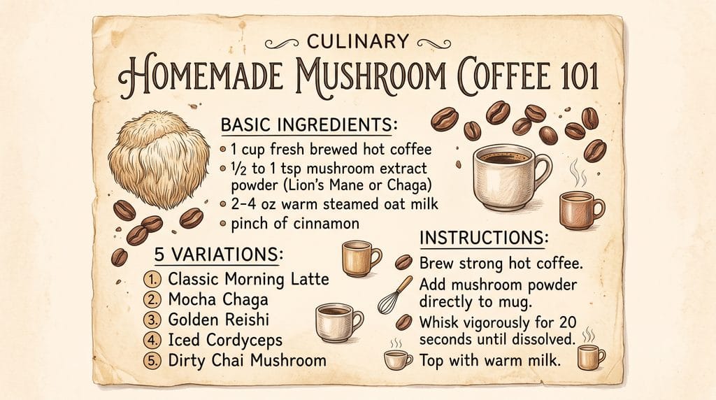 Homemade mushroom coffee recipe card in vintage grandmacore style showing 5 flavor variations