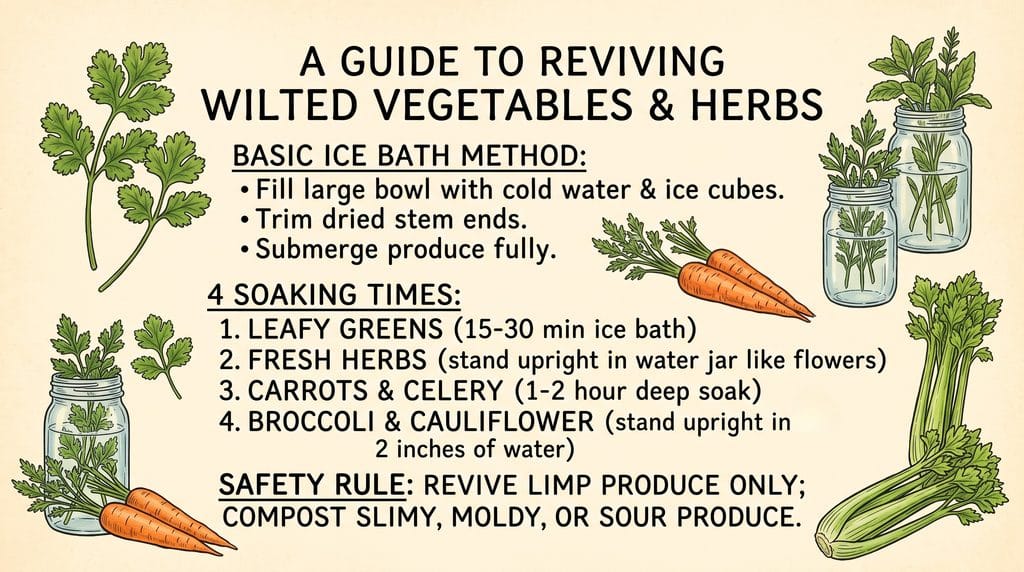 Reviving wilted vegetables and herbs guide card in vintage grandmacore style showing soak times