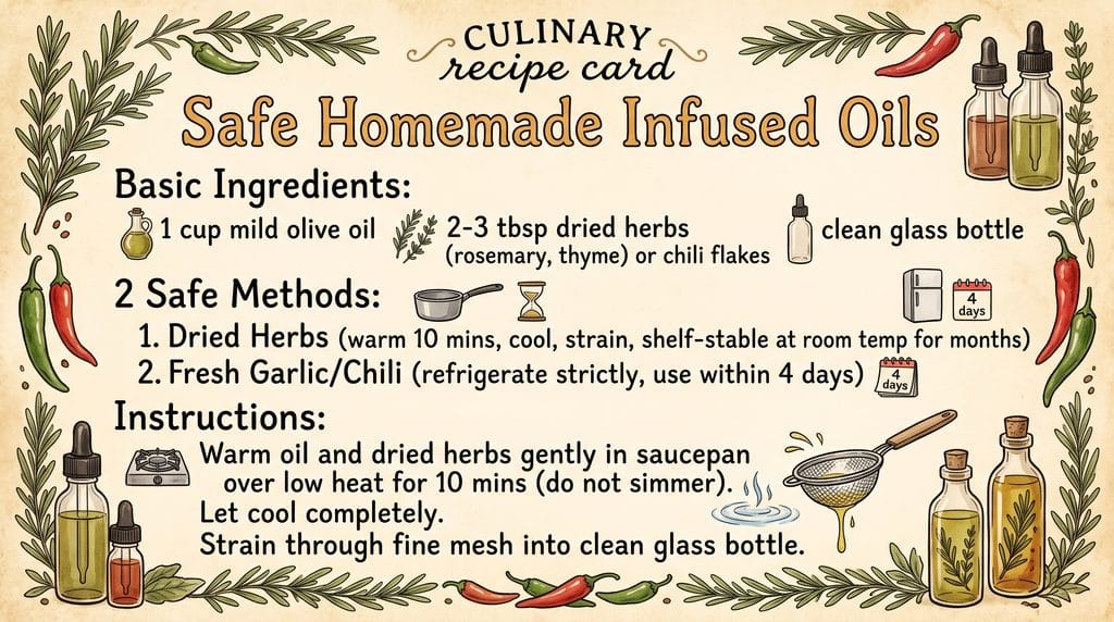 Safe infused oils at home recipe card in vintage grandmacore style showing dried and fresh methods