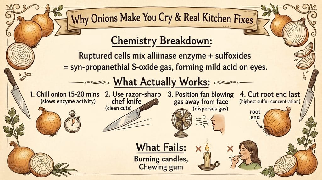 Why Onions Make You Cry: Easy 5-Minute Fixes That Work 5 Why onions make you cry guide card in vintage grandmacore style showing real chemical fixes