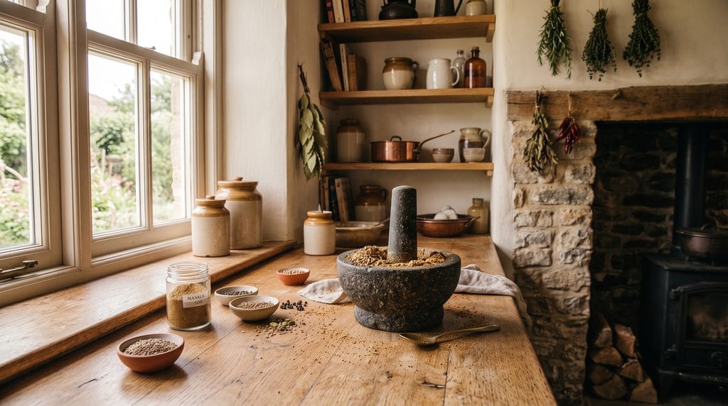 freshly toasted spices into a coarse powder using a stone mortar and pestle.
