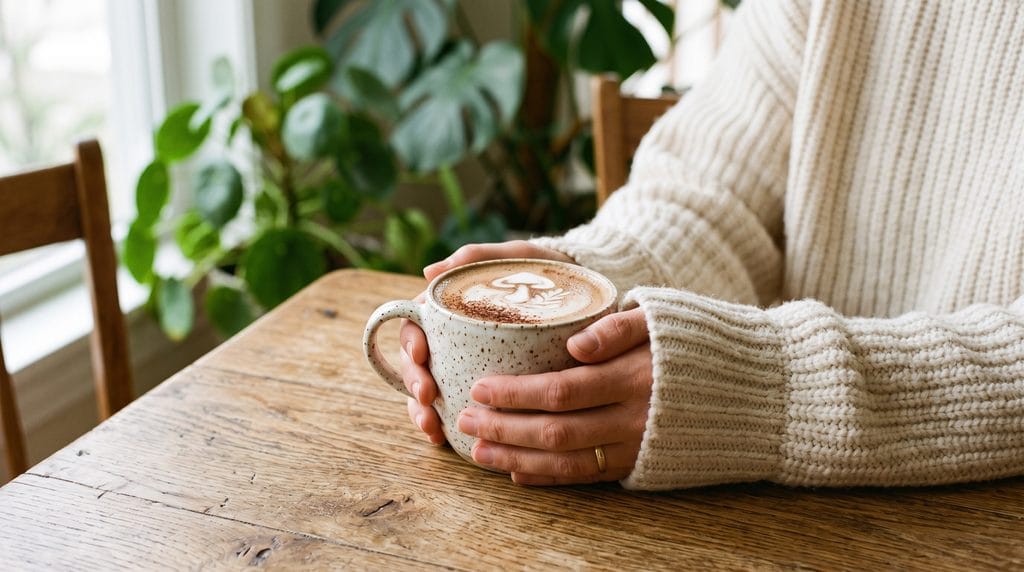 Person holding a speckled ceramic mug of frothy mushroom latte in a cozy cream sweater.