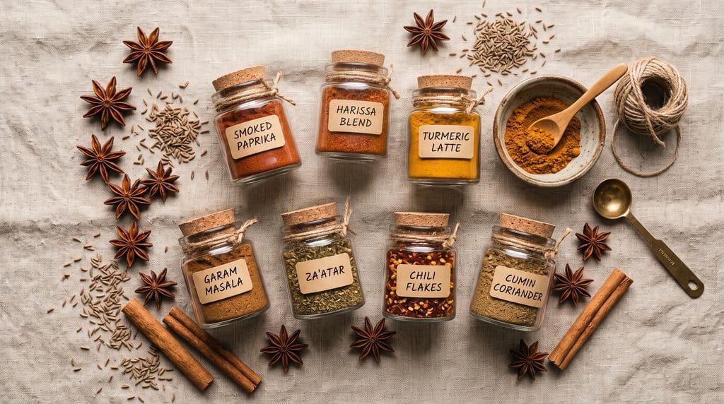Homemade spice blends in glass jars surrounded by scattered whole spices and a wooden spoon on linen