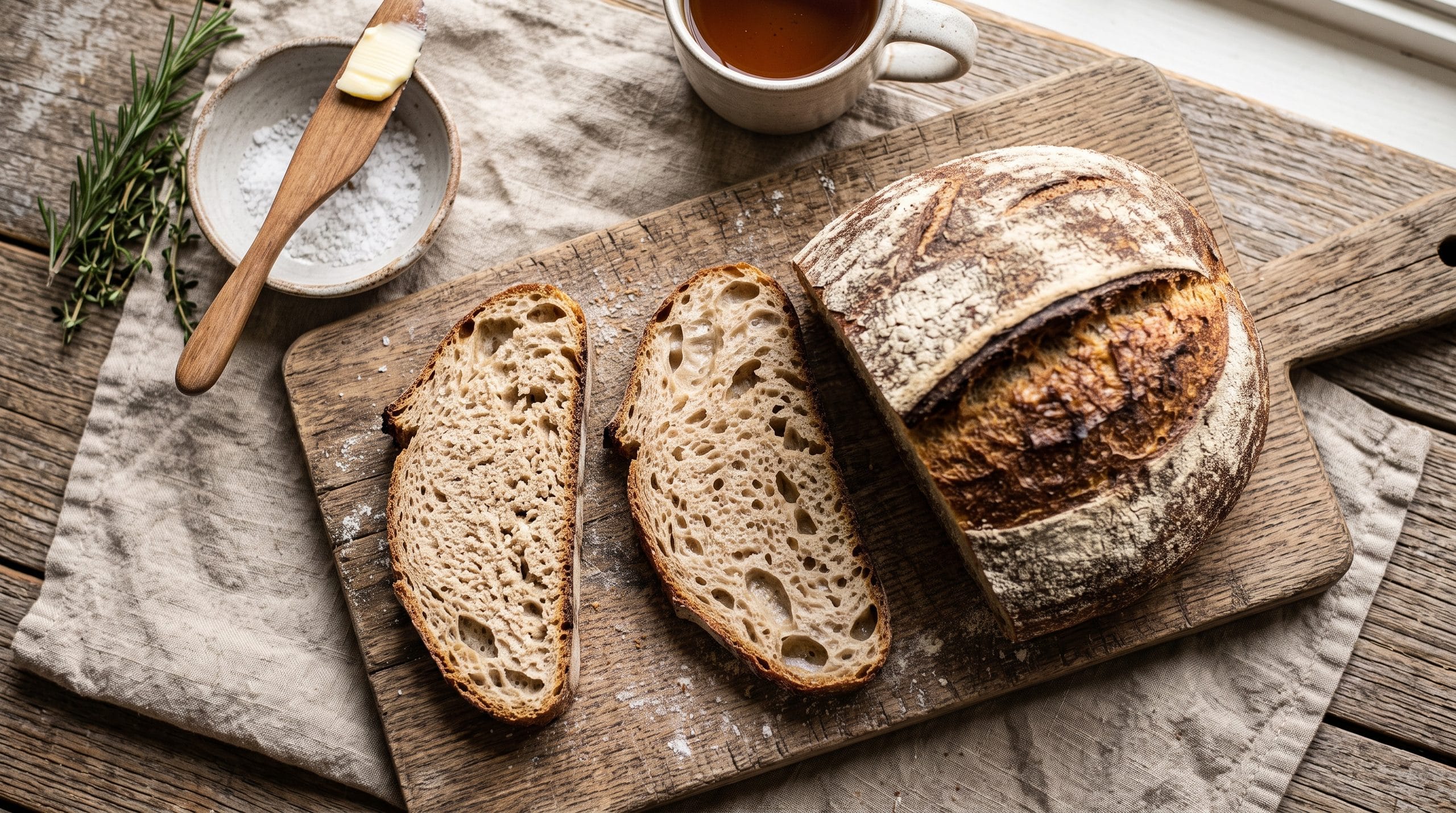 Revived stale bread artisan loaf sliced open on a wooden board with linen under natural light