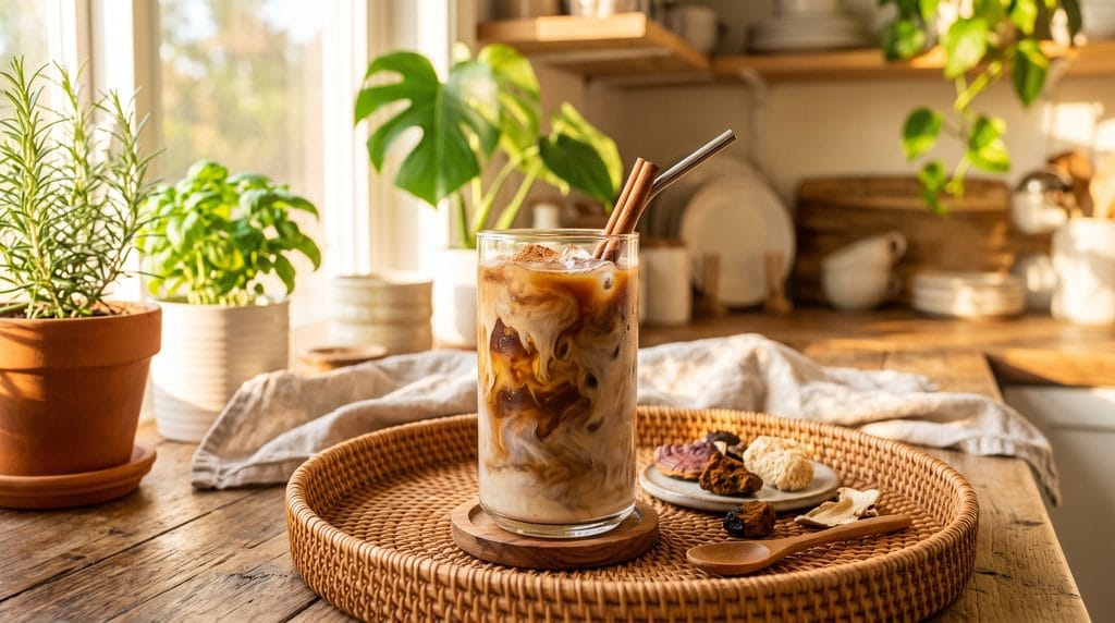 Tall glass of layered iced mushroom coffee with oat milk and a cinnamon stick on a rattan tray.