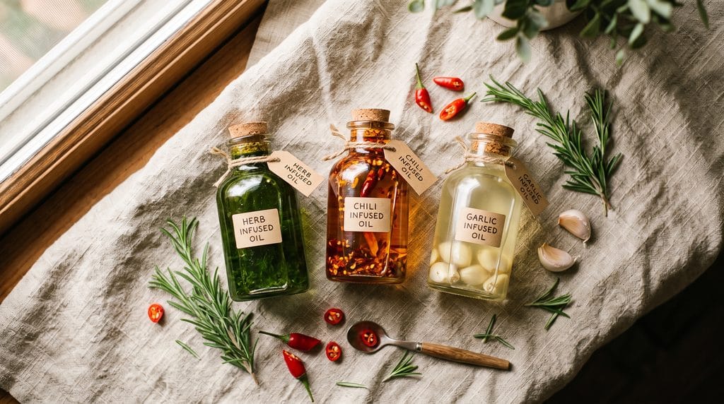 Infused oils at home in small glass bottles with fresh rosemary and chili peppers on linen