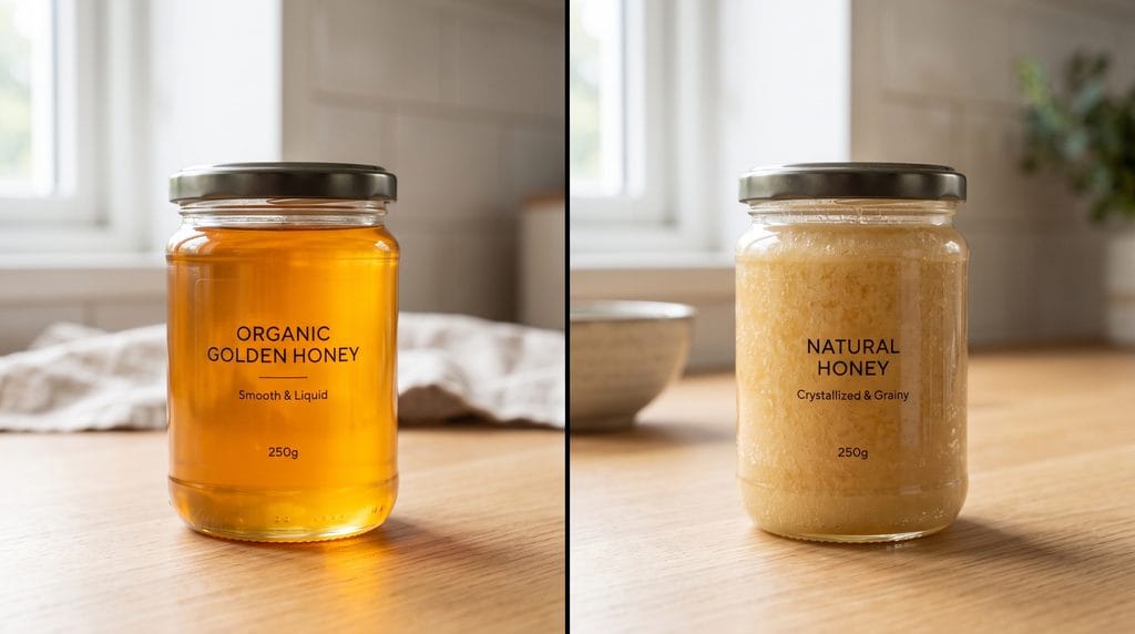 Side-by-side comparison of smooth liquid honey and pale crystallized honey in identical glass jars.