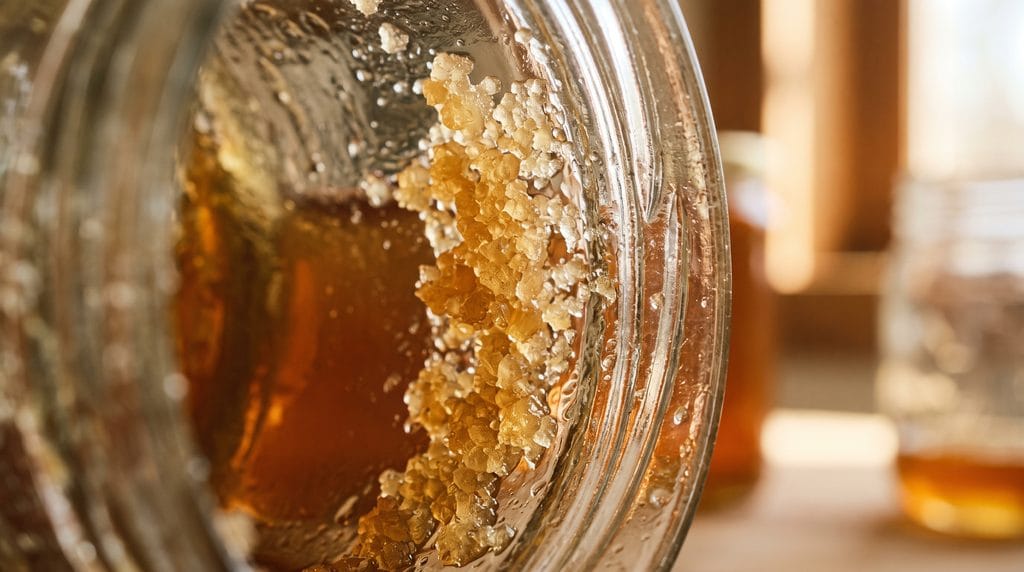Close-up macro shot of natural glucose crystals visible through the glass wall of a honey jar.