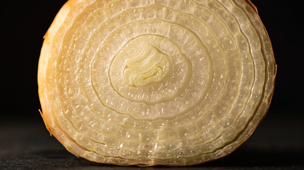 Why Onions Make You Cry: Easy 5-Minute Fixes That Work 3 Close-up macro shot of onion cross-section layers showing cellular rings under side lighting.