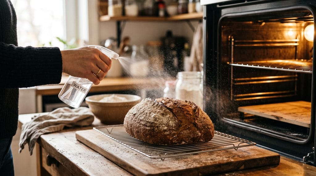 Stale Bread: Easy 5-Minute Oven Revive Guide 6 Misting a stale bread loaf with water droplets before placing it into a preheated oven to revive.