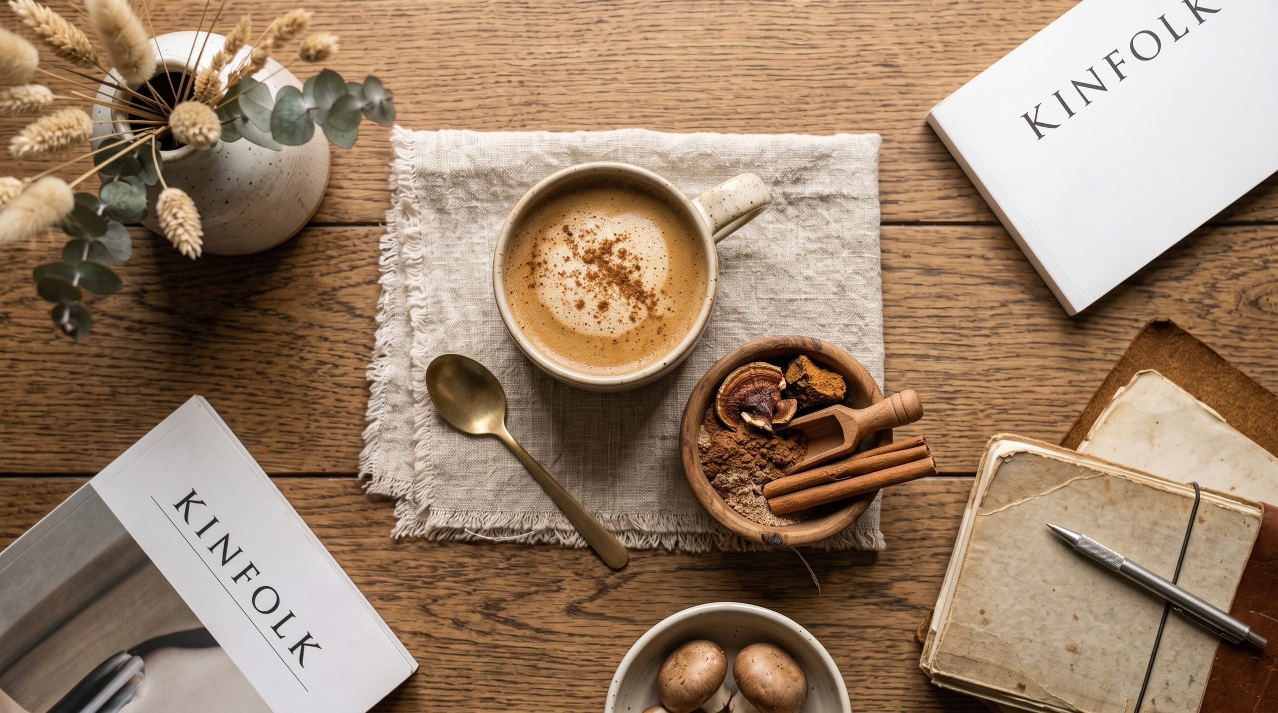 Mushroom Coffee: Easy 5-Minute DIY Beginner Guide 1 Steaming ceramic mug of caramel-brown mushroom coffee with dried mushroom powder on linen