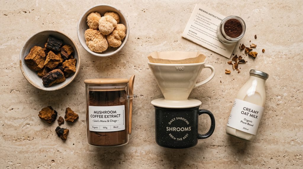Overhead flat lay of mushroom coffee ingredients including lions mane, chaga, and oat milk.