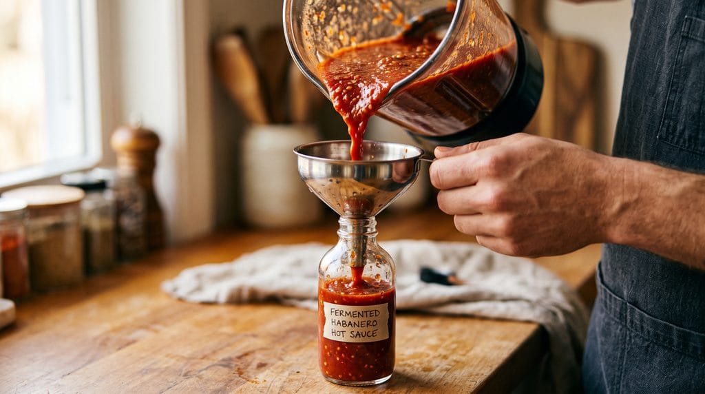 Fermented Hot Sauce: Easy 5-Step DIY Beginner Guide 7 Close-up shot of glossy red fermented hot sauce being poured through a funnel into a glass bottle.