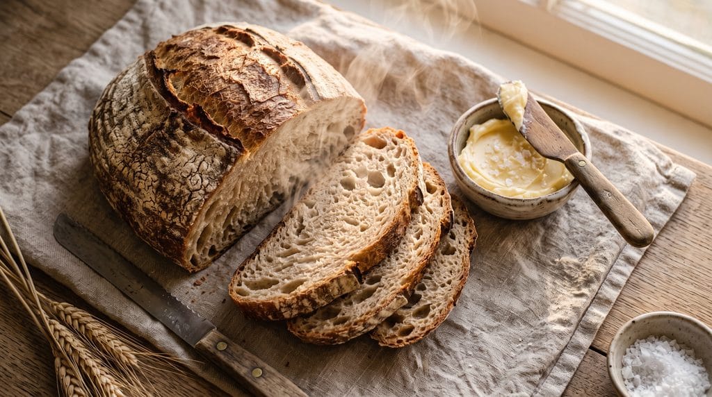 Stale Bread: Easy 5-Minute Oven Revive Guide 7 Freshly revived warm bread sliced open with steam rising next to a small dish of butter.