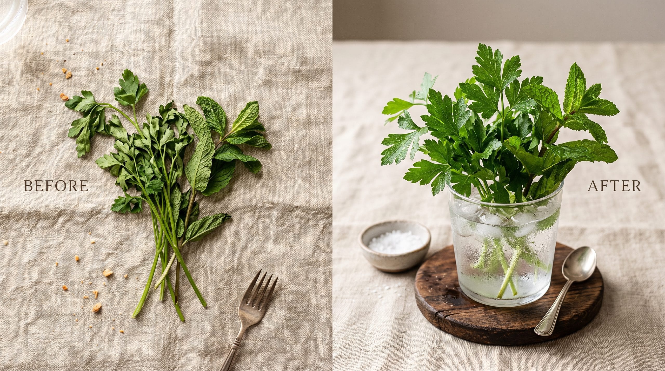 Reviving wilted vegetables before and after comparison with herbs refreshed in an ice bath