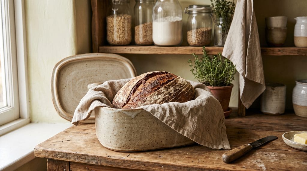 Stale Bread: Easy 5-Minute Oven Revive Guide 4 Rustic bread loaf wrapped in natural linen cloth inside a ceramic bread box in a cozy pantry.