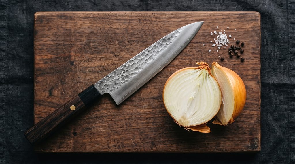 Why Onions Make You Cry: Easy 5-Minute Fixes That Work 6 A razor-sharp chef knife next to a halved onion on a wooden cutting board to prevent crushed cells.