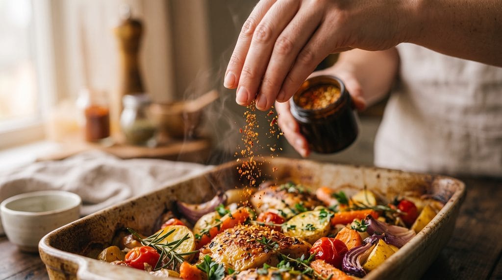 Close-up shot of a hand sprinkling finished homemade spice blend over a warm dish.