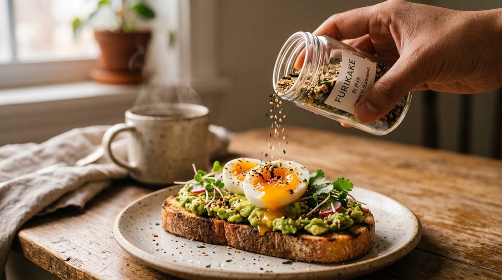 Hand sprinkling homemade furikake seasoning over avocado toast under soft morning light.