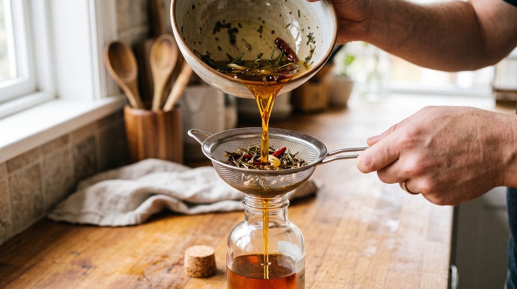 Side view of glossy amber infused oil being strained through a fine mesh strainer into a glass bottle.