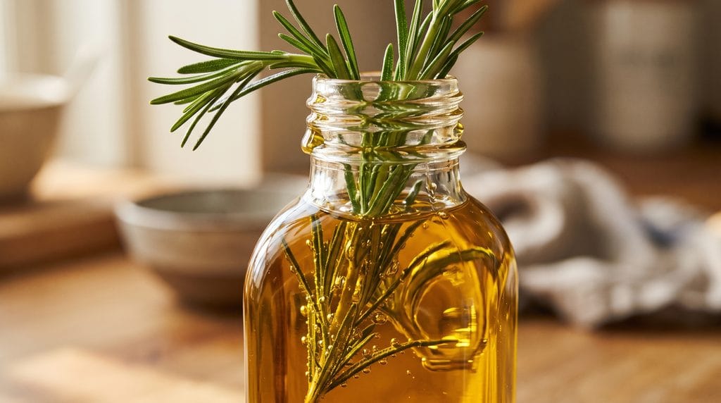 Close-up macro shot of fresh rosemary sprigs being submerged into a bottle of golden olive oil.