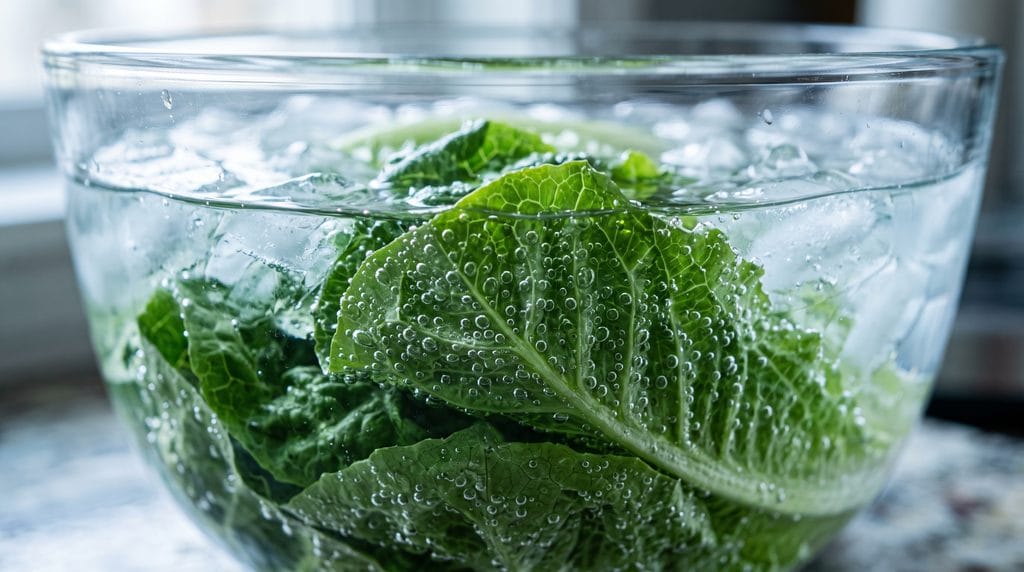Close-up macro shot of wilted lettuce leaves submerged in a bowl of ice water with bubbles.
