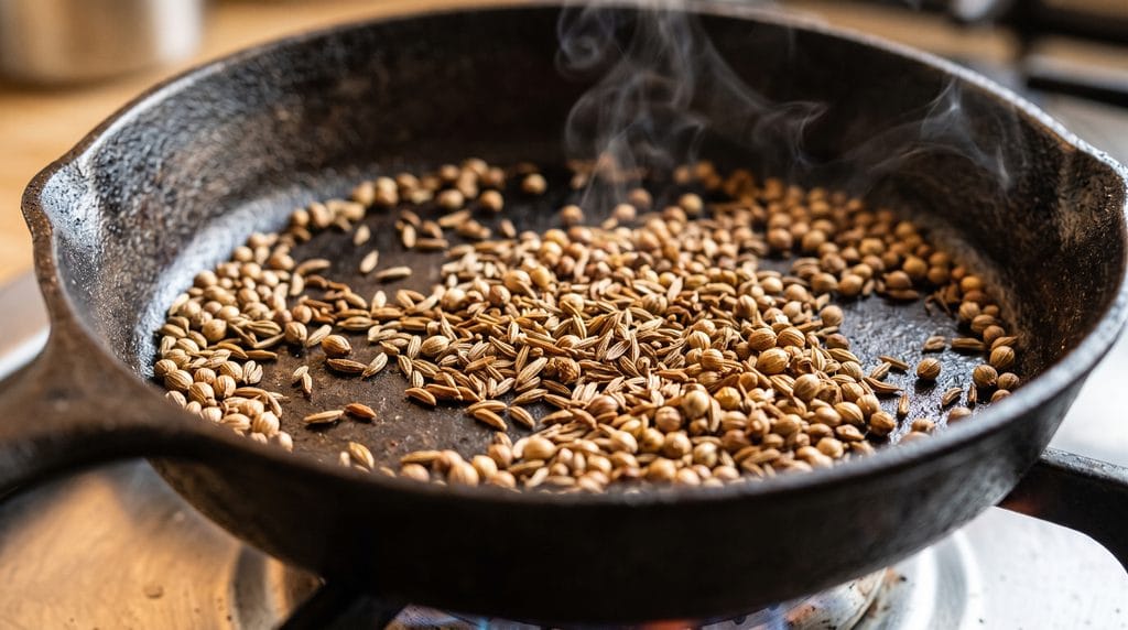 Close-up macro shot of whole cumin and coriander seeds toasting in a dry skillet with rising steam