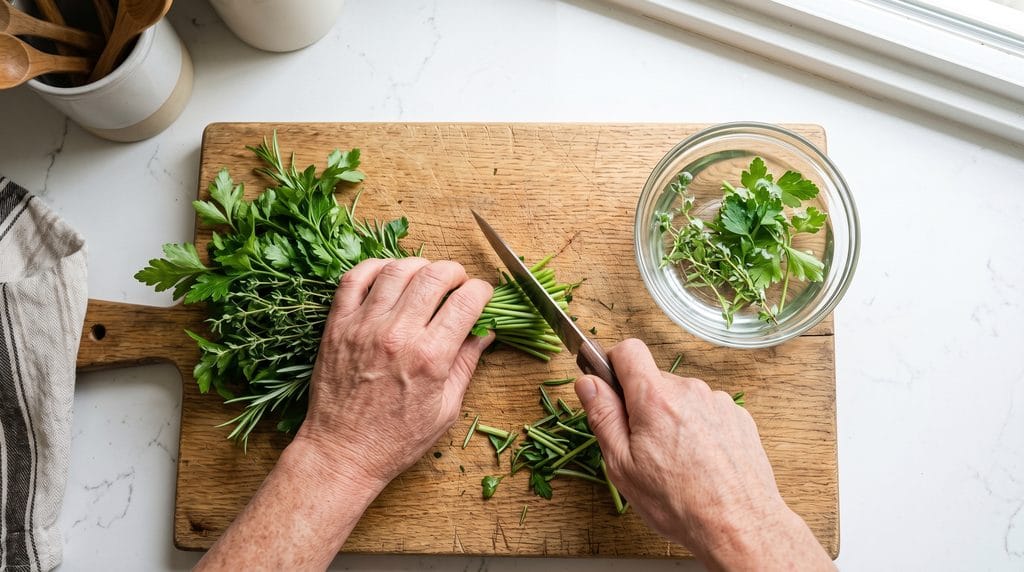 Hands trimming dry stem ends of fresh herbs on a cutting board before an ice bath soak.