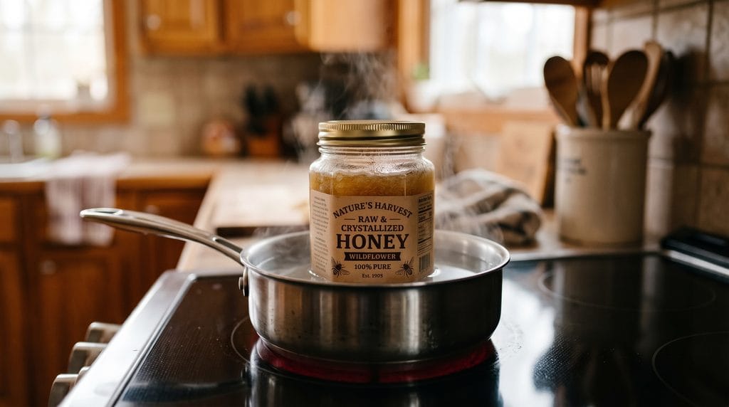 Jar of crystallized honey warming in a gentle water bath pan on a stovetop with faint steam.
