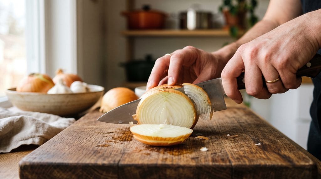 Why Onions Make You Cry: Easy 5-Minute Fixes That Work 2 Why onions make you cry guide showing hands slicing a yellow onion on a wooden cutting board