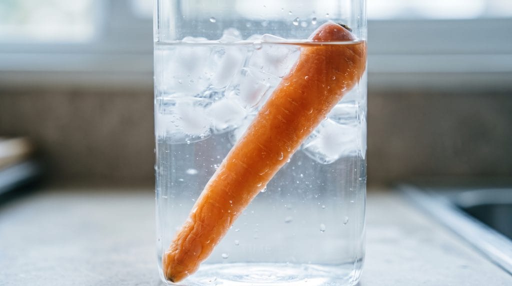 Close-up shot of a crisp carrot submerged in cold ice water reviving its firm texture.
