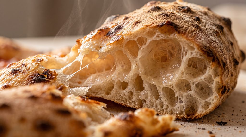 Cross section of torn pizza crust showing airy open honeycomb crumb structure.