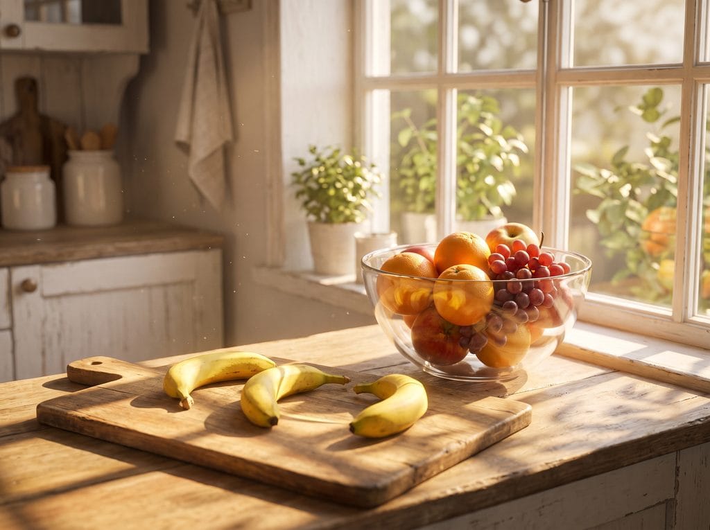 Bananas kept deliberately separated on a wooden board next to a glass fruit bowl on a windowsill.