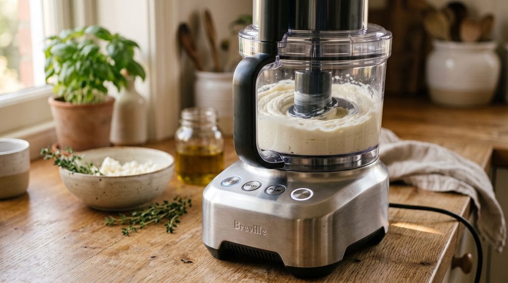 Food processor blending pale creamy whipped feta dip on a clean kitchen counter.